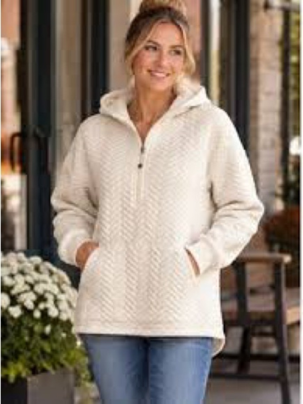 ID Ideology Women's Relaxed Quilted Half-Zip Hoodie, Cream, size Large